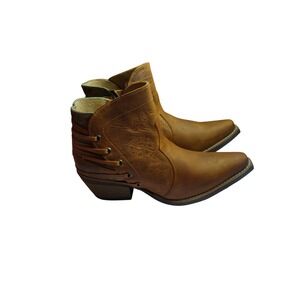 Sbicca Tan Leather Western Ankle Boots Embroidered Lace Up Heel Womens 8.5B